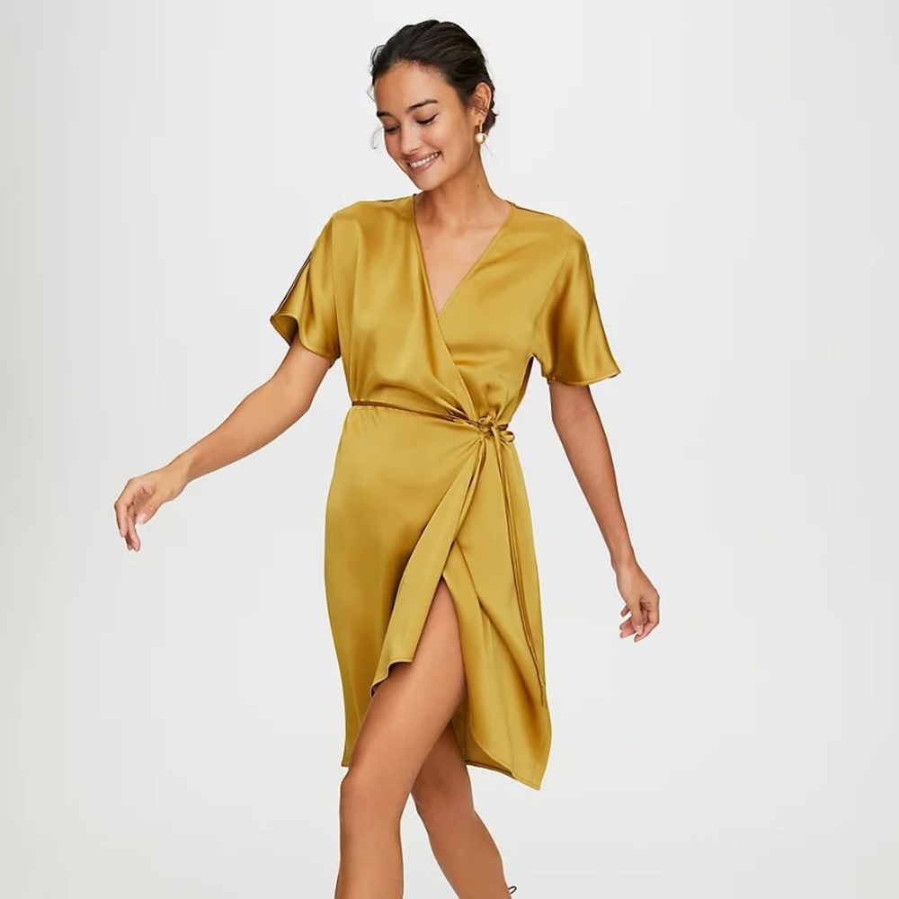 Gold Satin Wrap Dress with Side Tie
